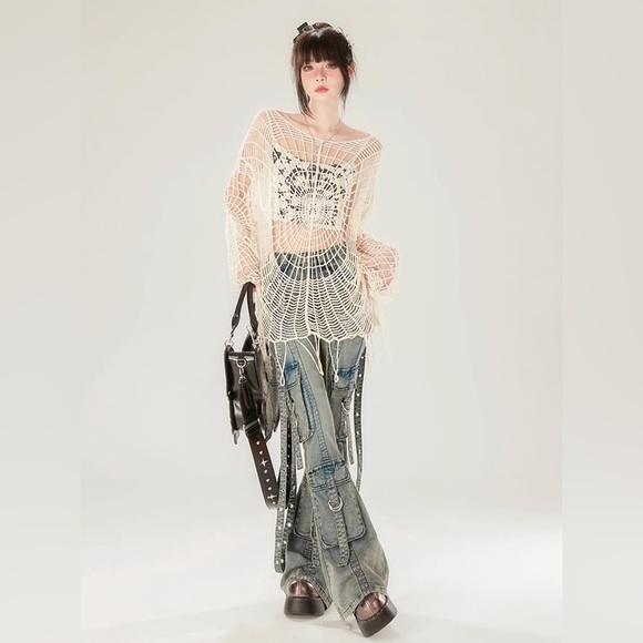 devil inspired Tops - Spider Web Design Apricot Hollow Out Crochet Knit Top